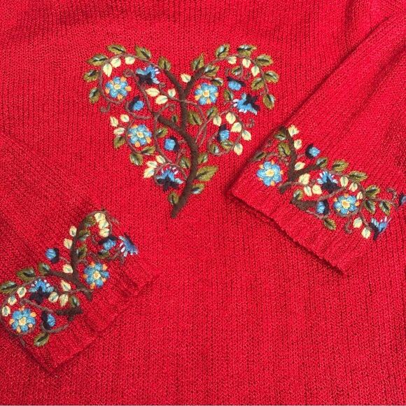 Coldwater Creek Embroidered Sweater Red Cottagecore Heart Tree Floral Sz Medium - Picture 9 of 12